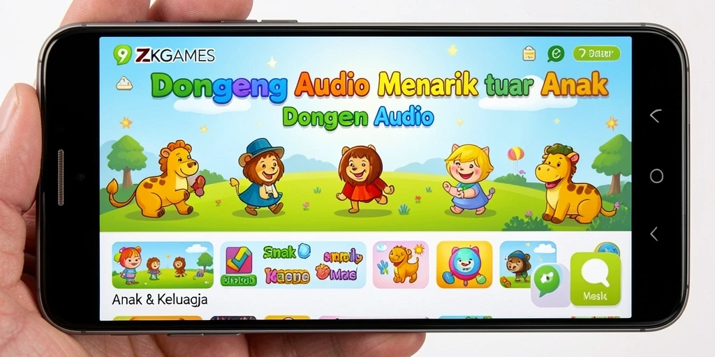 Antarmuka aplikasi 9ZKGAMES yang ramah anak dengan fungsi Dongeng Audio.