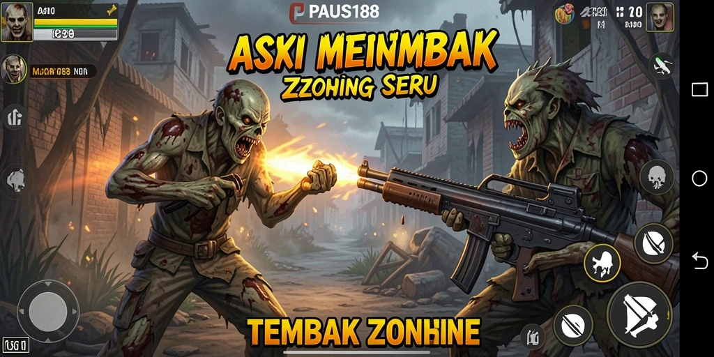 Screenshot utama PAUS188 menunjukkan aksi menembak zombie yang intens.
